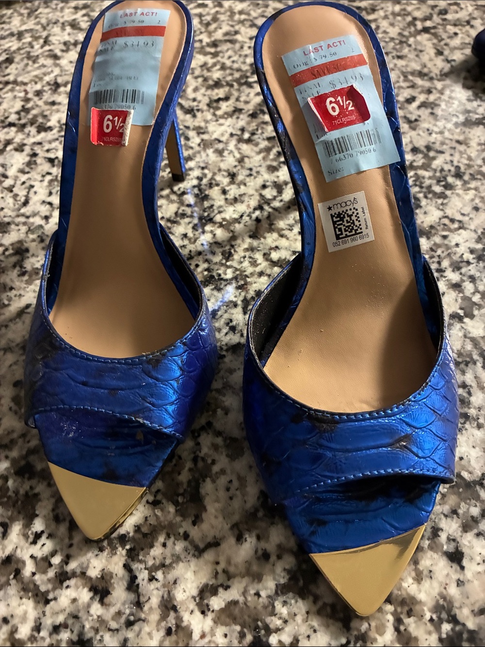 Macy's Metallic Blue Pointed Toe High Heel Mules with Gold Cap